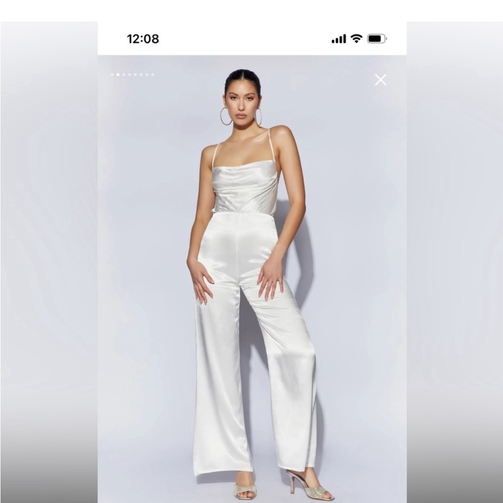 Satin cowl neck jumpsuit with open back in white